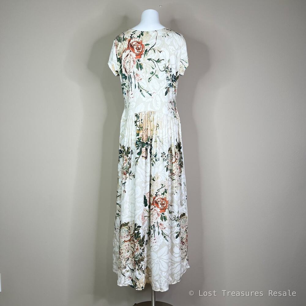 Peruvian Connection | Antique Floral Print Short Sleeve Soft Cream Midi Dress M - Picture 7 of 10
